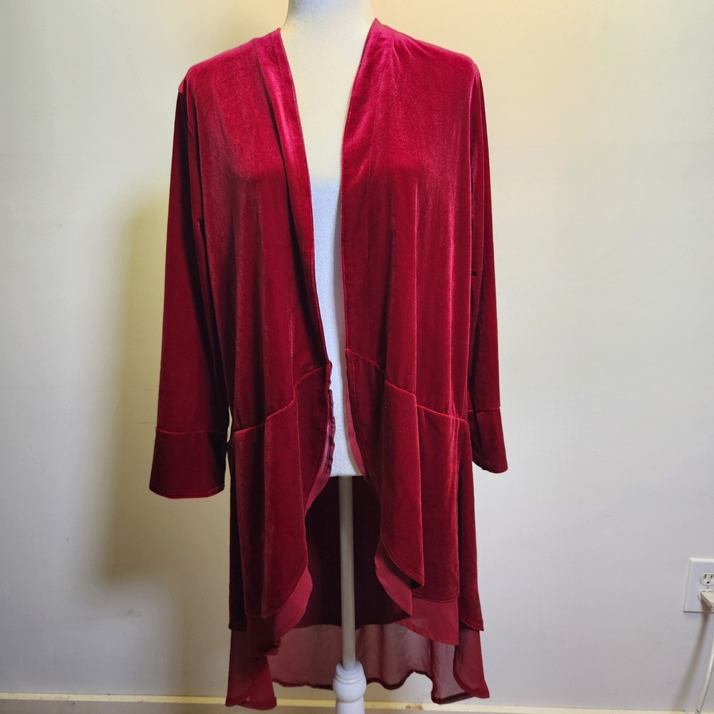 R. Vivimos Ruffled Asymmetric Velvet Sheer Duster Cardigan M Open Front Longline